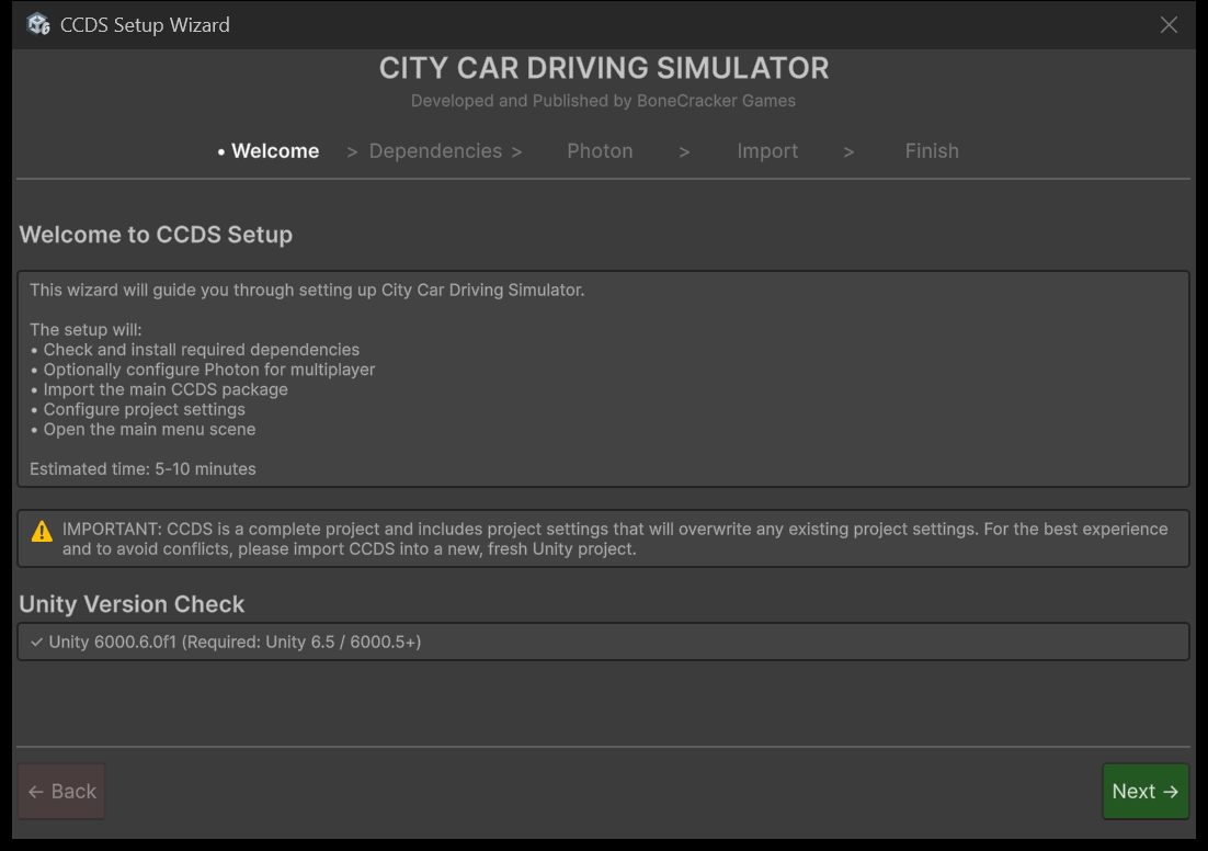 CCDS Setup Wizard on the Welcome step, explaining required dependencies, optional multiplayer and project settings