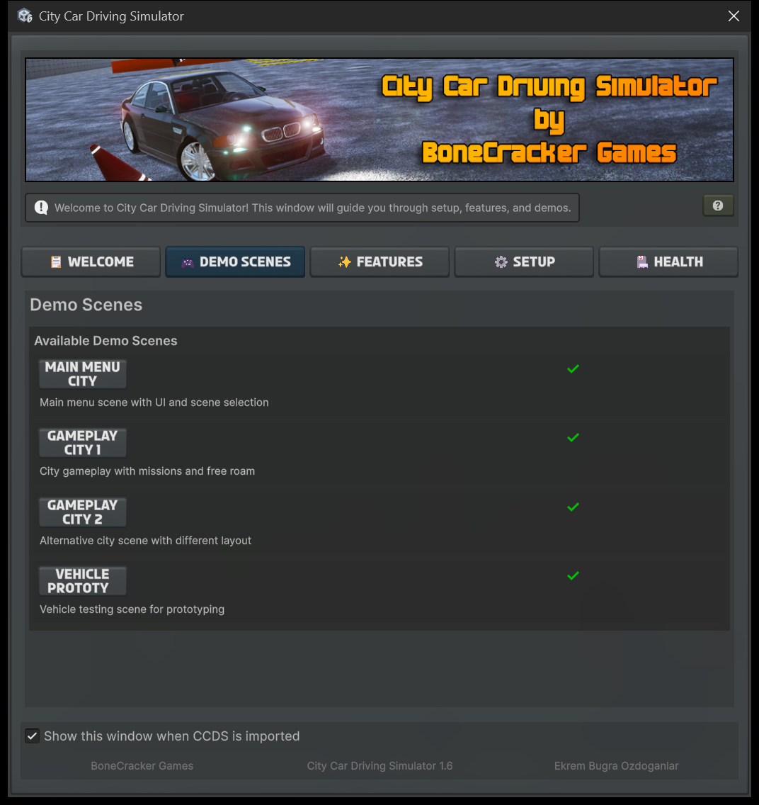 CCDS Welcome Window on the Demo Scenes tab, listing the four demo scenes with load buttons