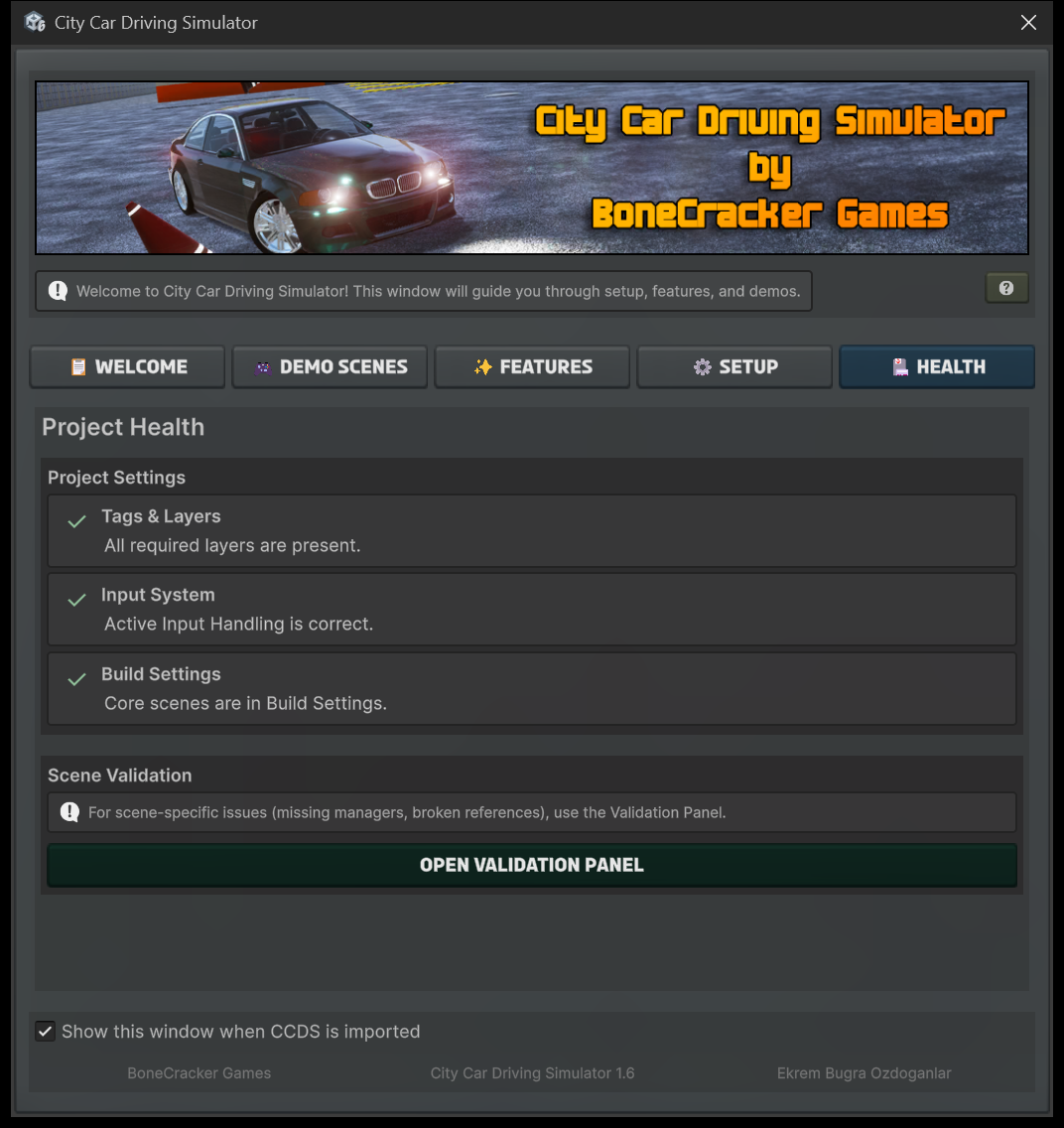 CCDS Welcome Window on the Health tab, showing green checks for Tags and Layers, Input System and Build Settings