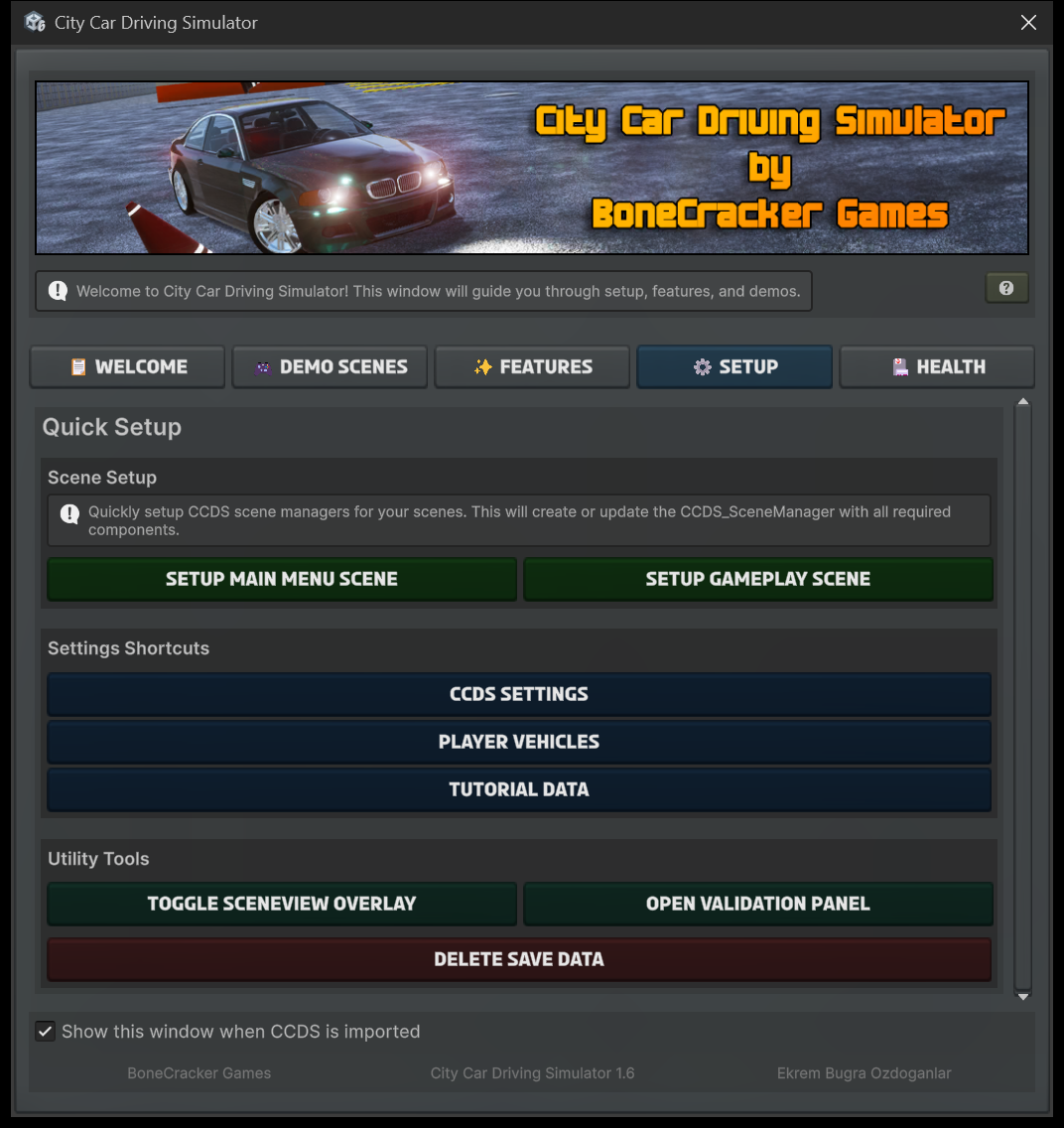CCDS Welcome Window on the Setup tab, showing Scene Setup, Settings Shortcuts and Utility Tools buttons