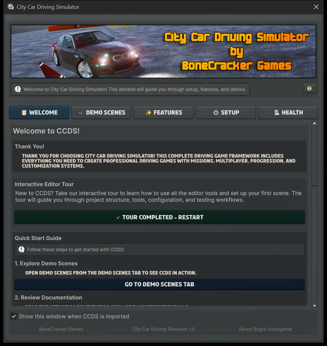 CCDS Welcome Window on the Welcome tab, showing the Editor Tour button and quick start steps