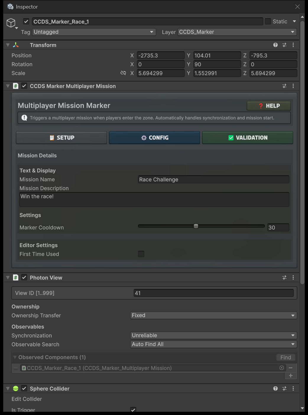 CCDS Marker Multiplayer Mission inspector, showing the Setup, Config and Validation tabs, mission name and description, cooldown slider, the PhotonView, and the trigger collider