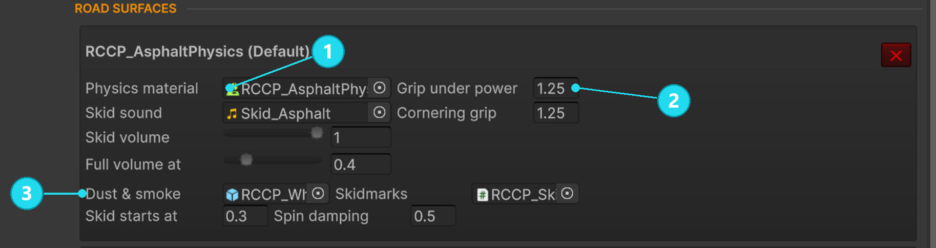 Ground Physics surface row: 1 Physics Material, 2 tire grip, 3 particle effects