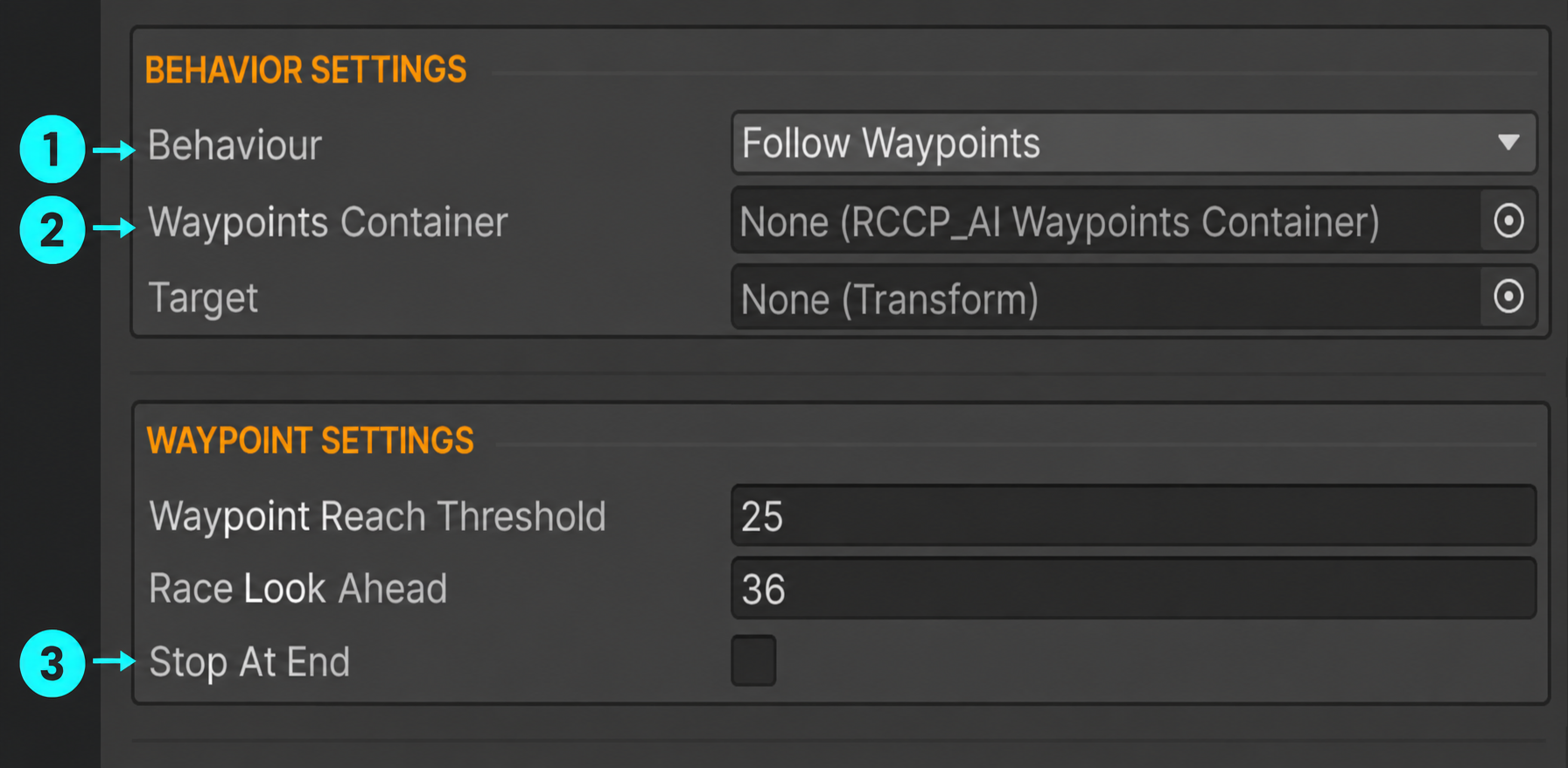 AI Inspector: 1 driving mode, 2 Waypoints Container, 3 Stop At End