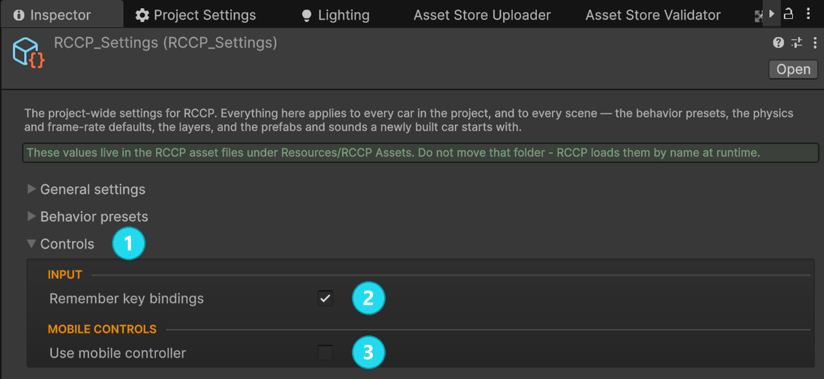 In RCCP Settings, expand Controls at 1 and enable Use mobile controller at 3. The screenshot shows it off before this step.