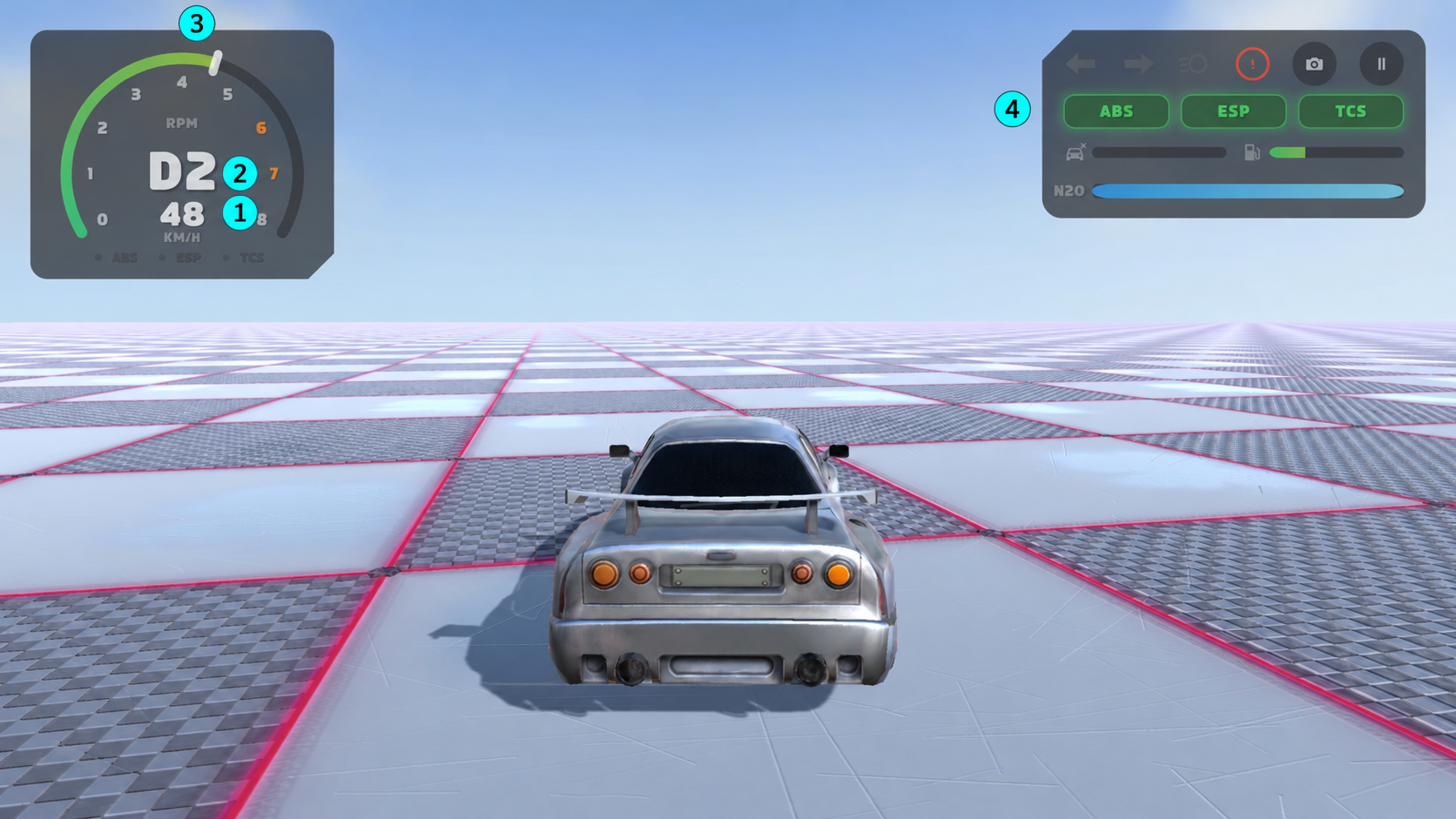 The driving HUD: 1 speed and unit, 2 gear, 3 engine rev counter, 4 vehicle status and controls.