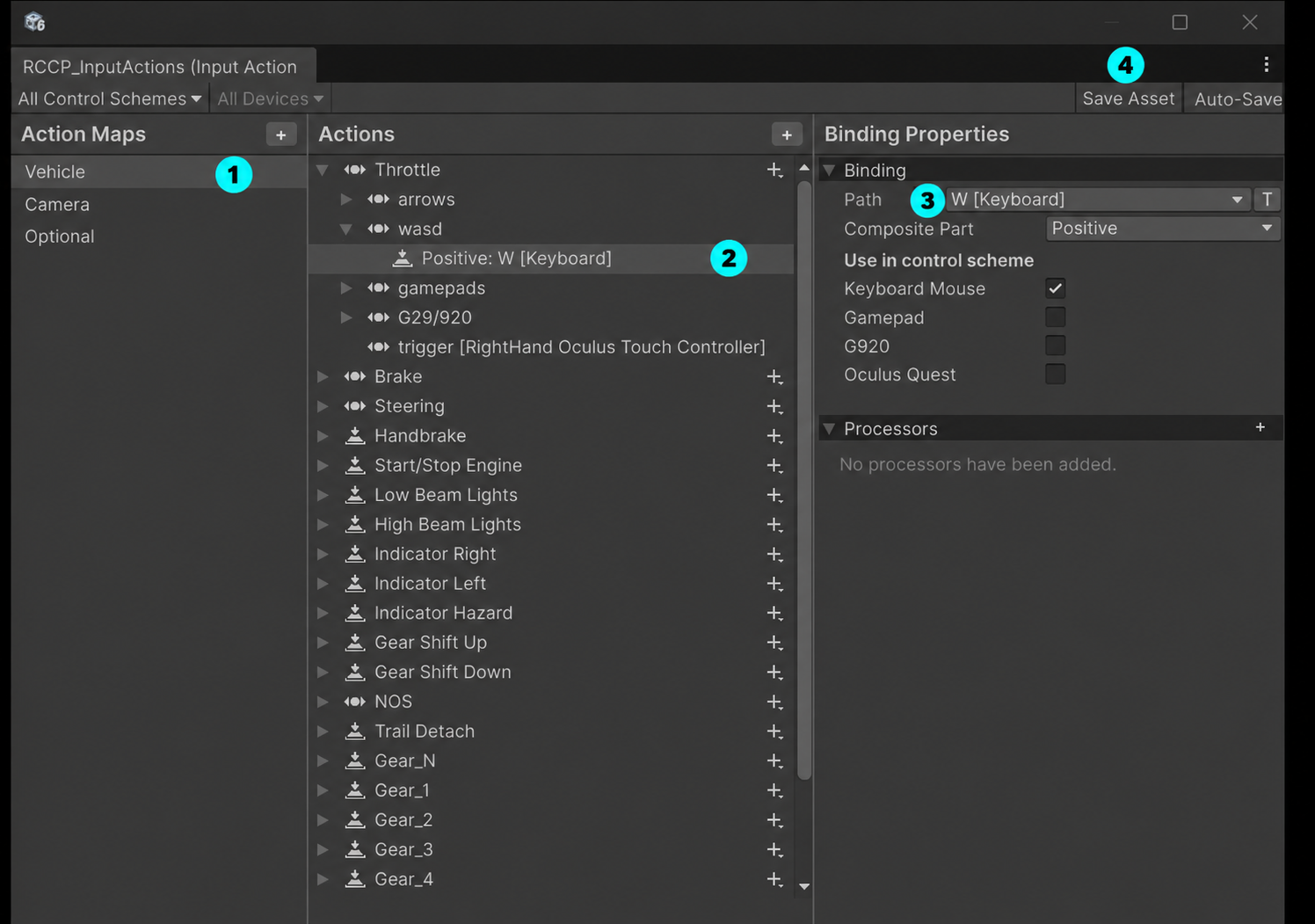 Changing the W throttle binding: 1 Vehicle map, 2 the binding under Throttle and wasd, 3 Path, 4 Save Asset.