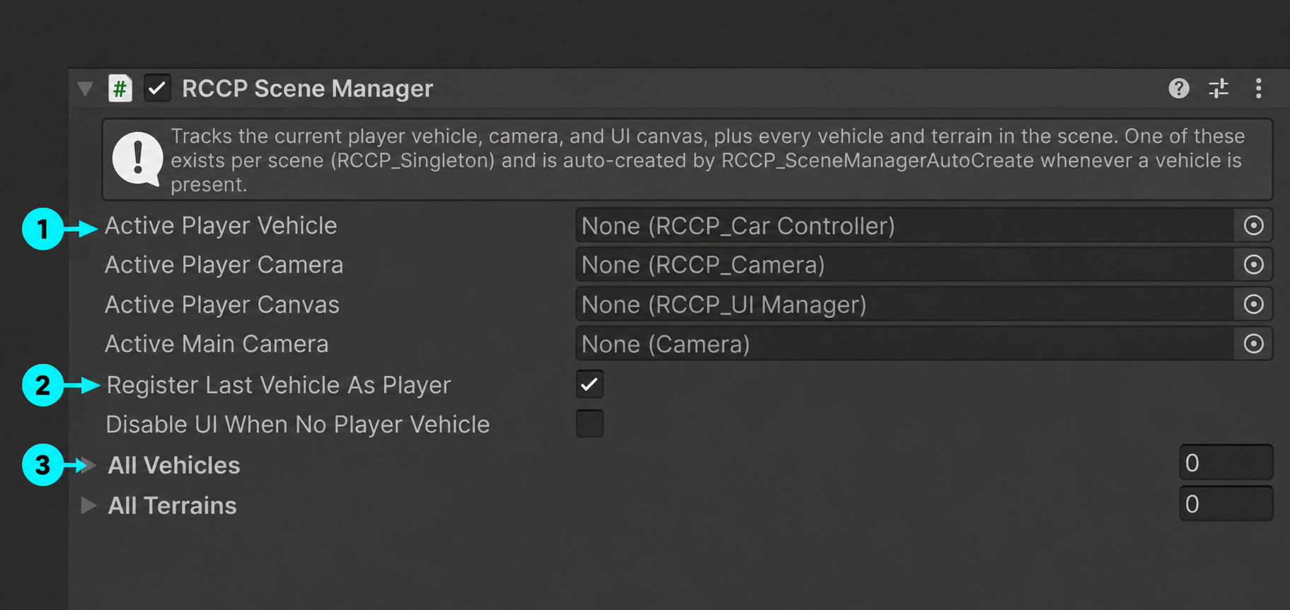 Scene Manager Inspector: 1 active player vehicle, 2 automatic player registration, 3 registered vehicle list