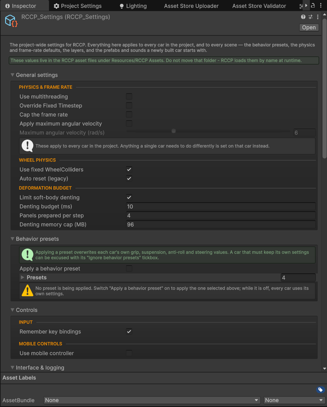 RCCP Settings contains the shared behavior presets.