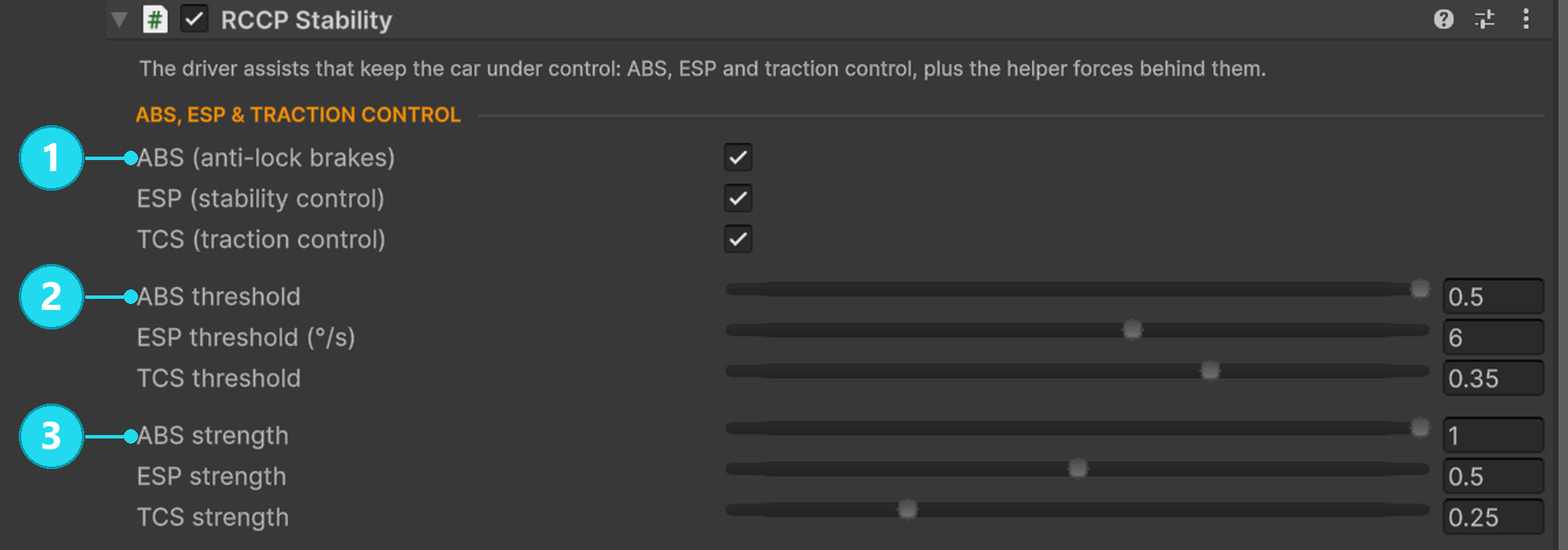 Stability Inspector: 1 assist switches, 2 intervention thresholds, 3 response strengths