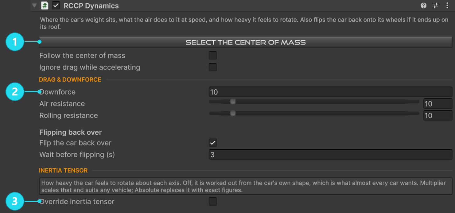 Dynamics Inspector: 1 select the center of mass, 2 downforce, 3 inertia tensor override