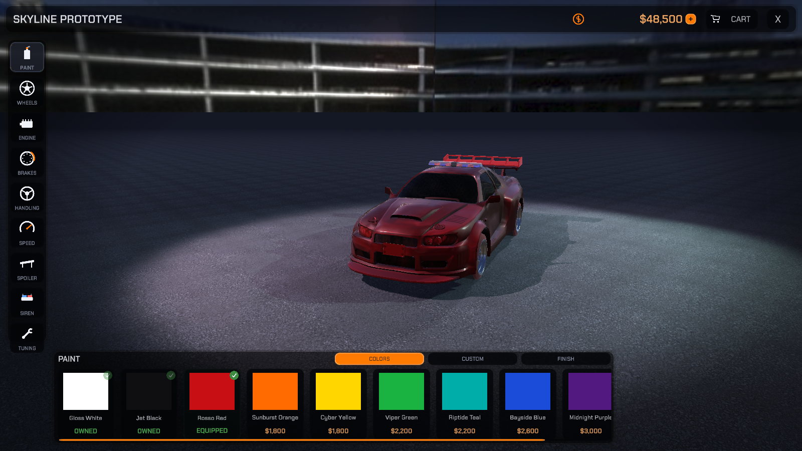 The RCCP Tuner garage in Play Mode - category rail, paint swatches with ownership states, wallet, and cart