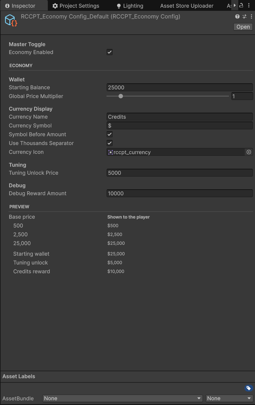 The Economy Config inspector