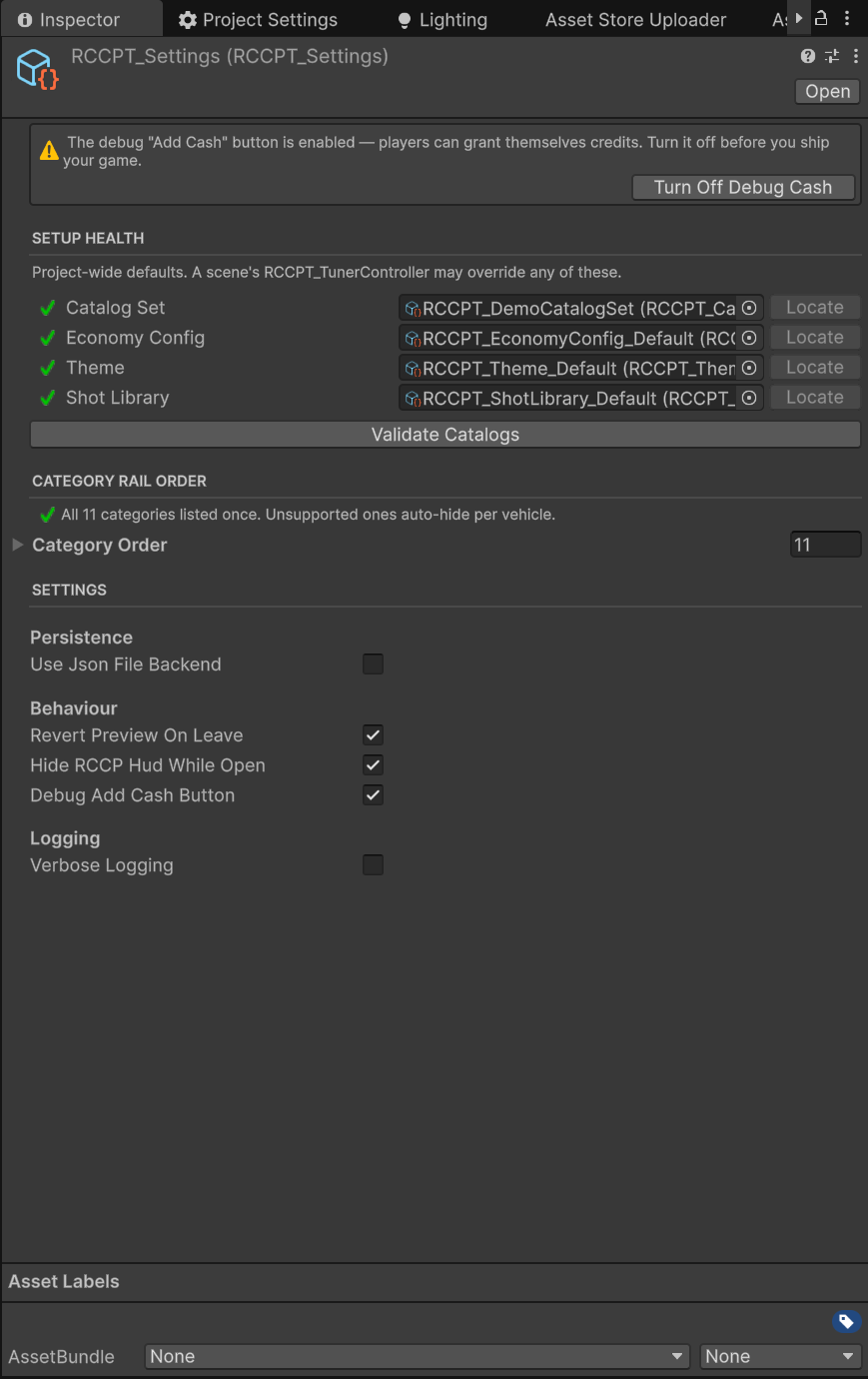The RCCPT_Settings inspector - a ship-readiness warning, the resolved project defaults, and the category rail order