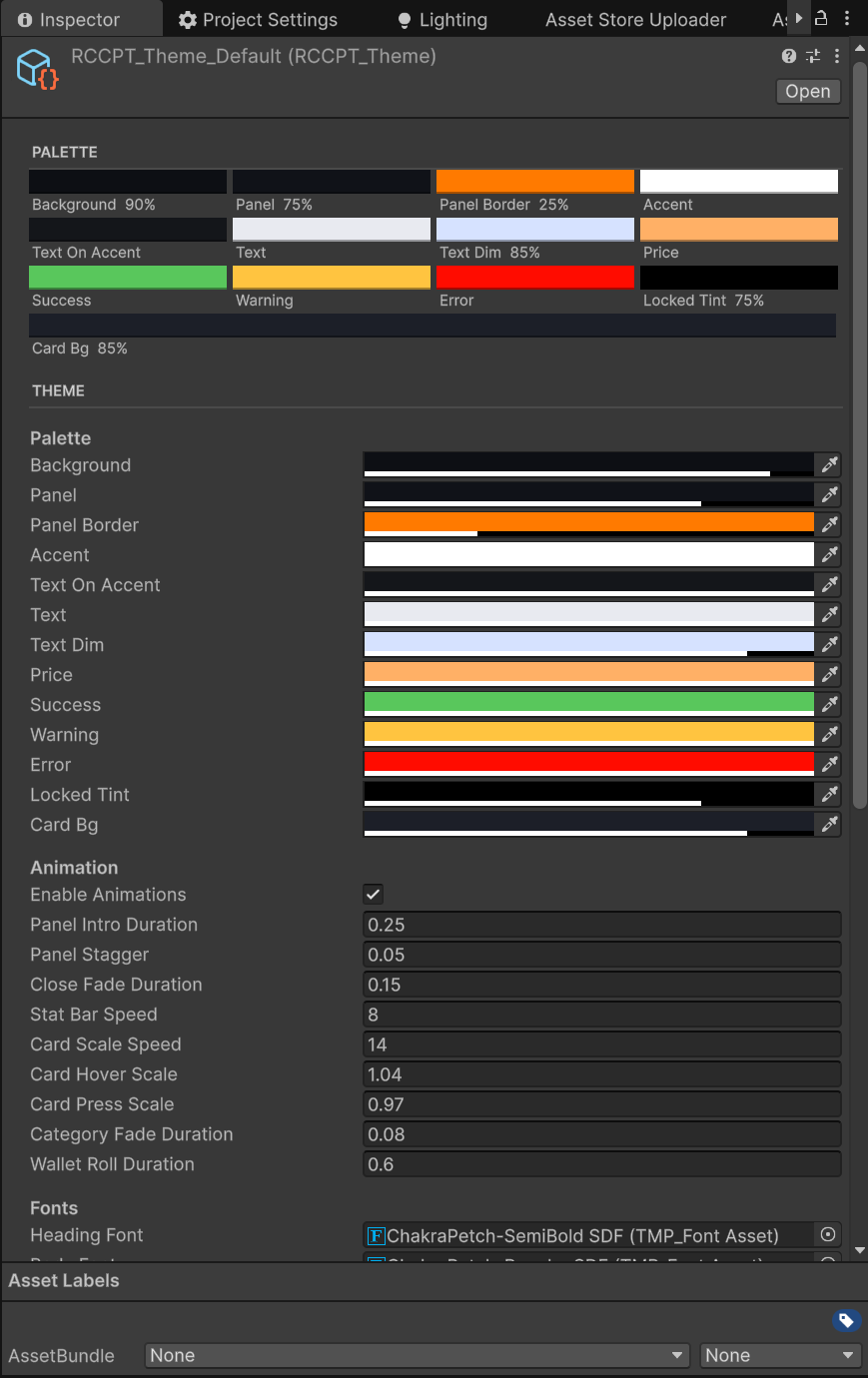 The Theme asset inspector - the palette preview strip above the grouped settings