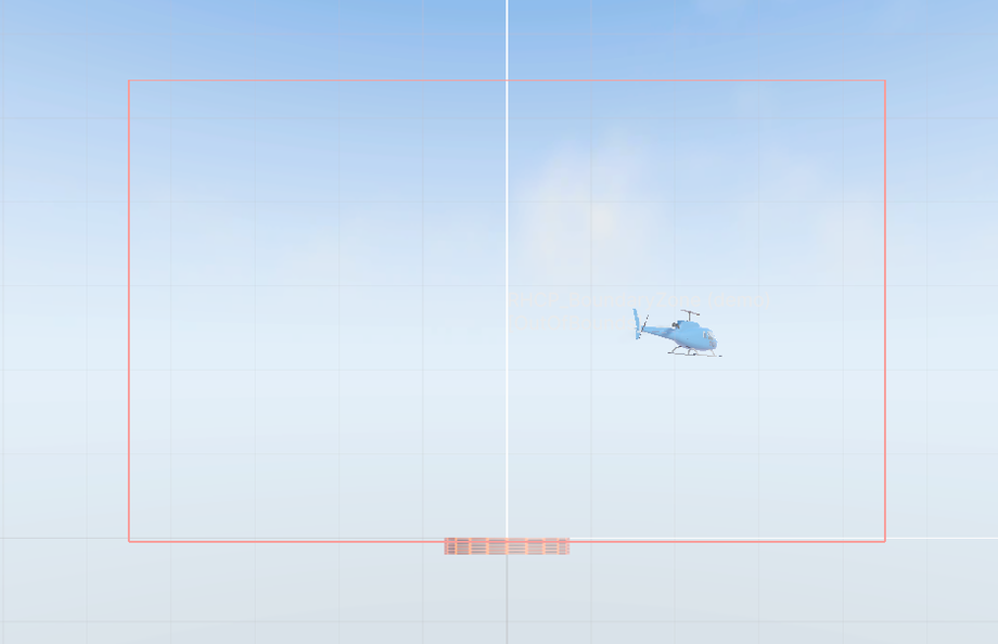 An RHCP_BoundaryZone trigger volume (red = OutOfBounds) enclosing the playable area, with the helicopter inside. The volume is always drawn in the Scene view so you can place the aircraft safely.