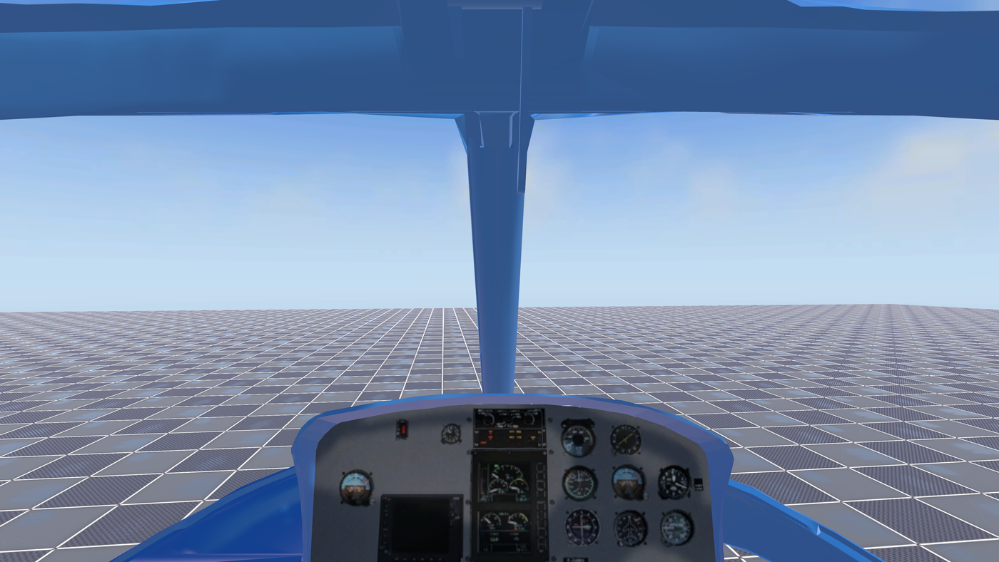 Cockpit camera — mounted to the cockpit pivot, looking out over the instrument panel and through the windscreen.