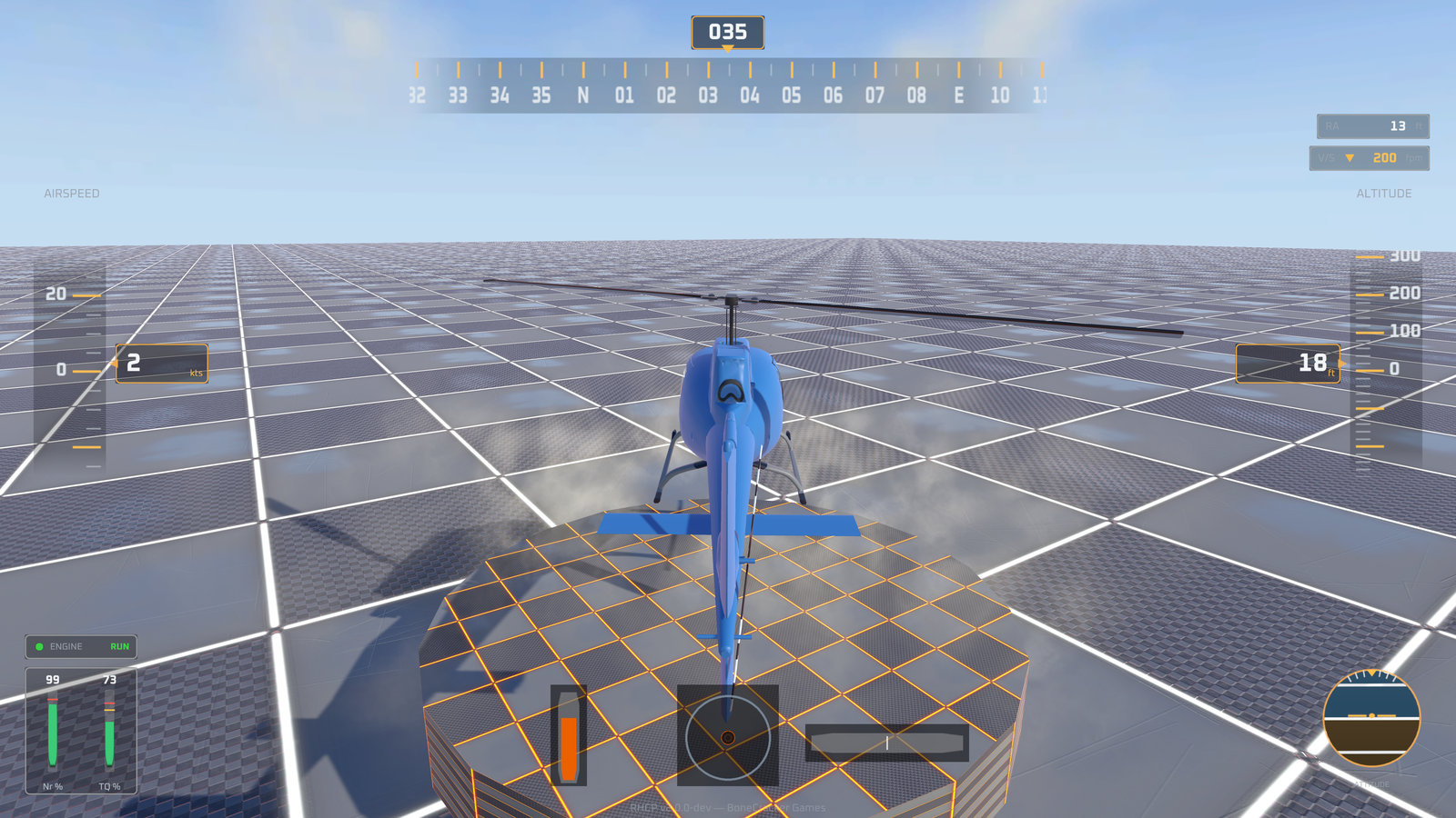 The HUD in Play Mode: compass tape (top), airspeed and altitude tapes (sides), rotor-RPM and torque bars and the collective lever (bottom-left/centre), and the artificial horizon (bottom-right).
