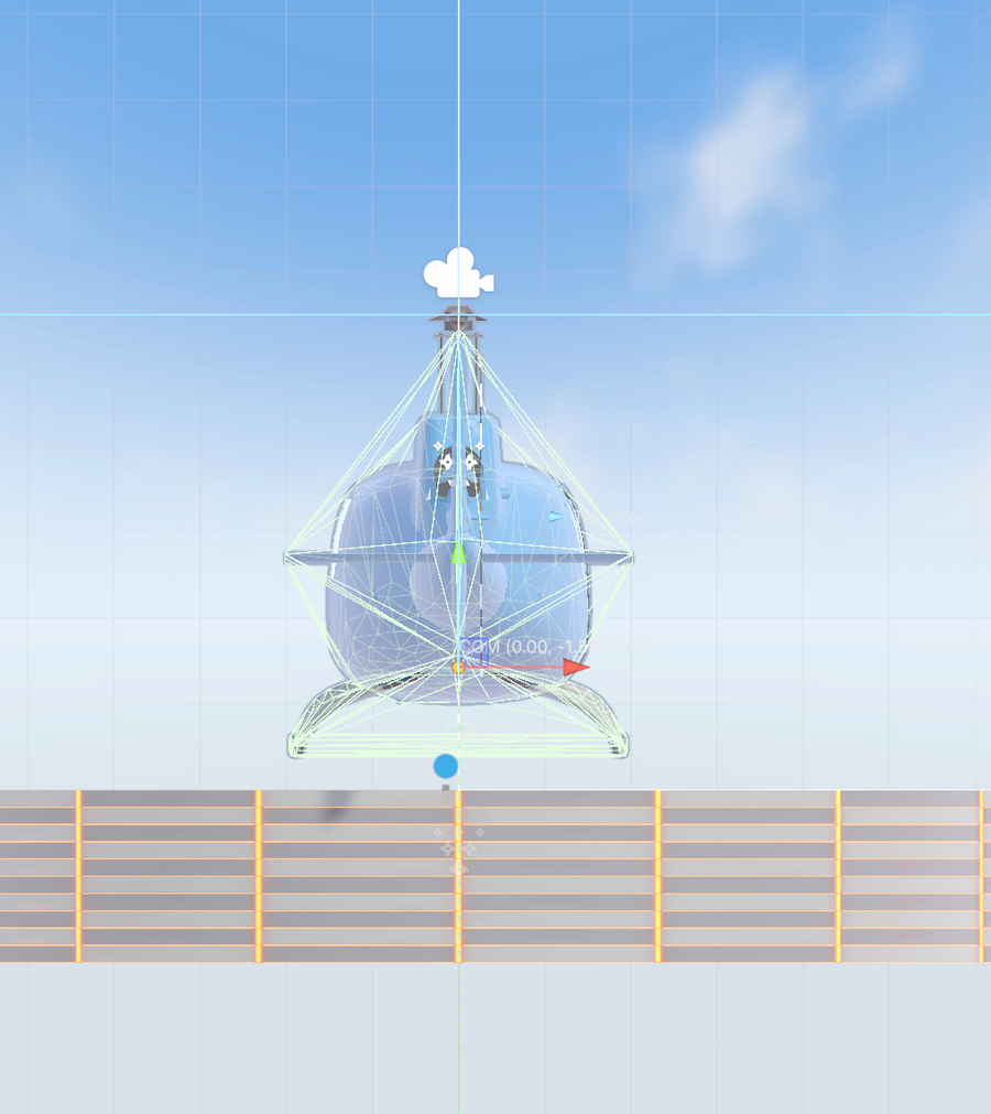 Scene gizmos on a selected helicopter: the rotor-axis disc and thrust arrow, the orange draggable center-of-mass handle with its readout, and the downward ground-sensing ray.