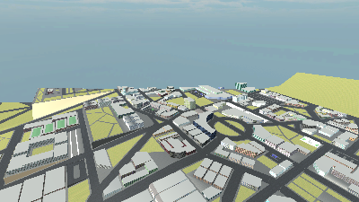 Aerial view of the demo city that ships with Realistic Truck Simulator, showing the road network and depot areas.