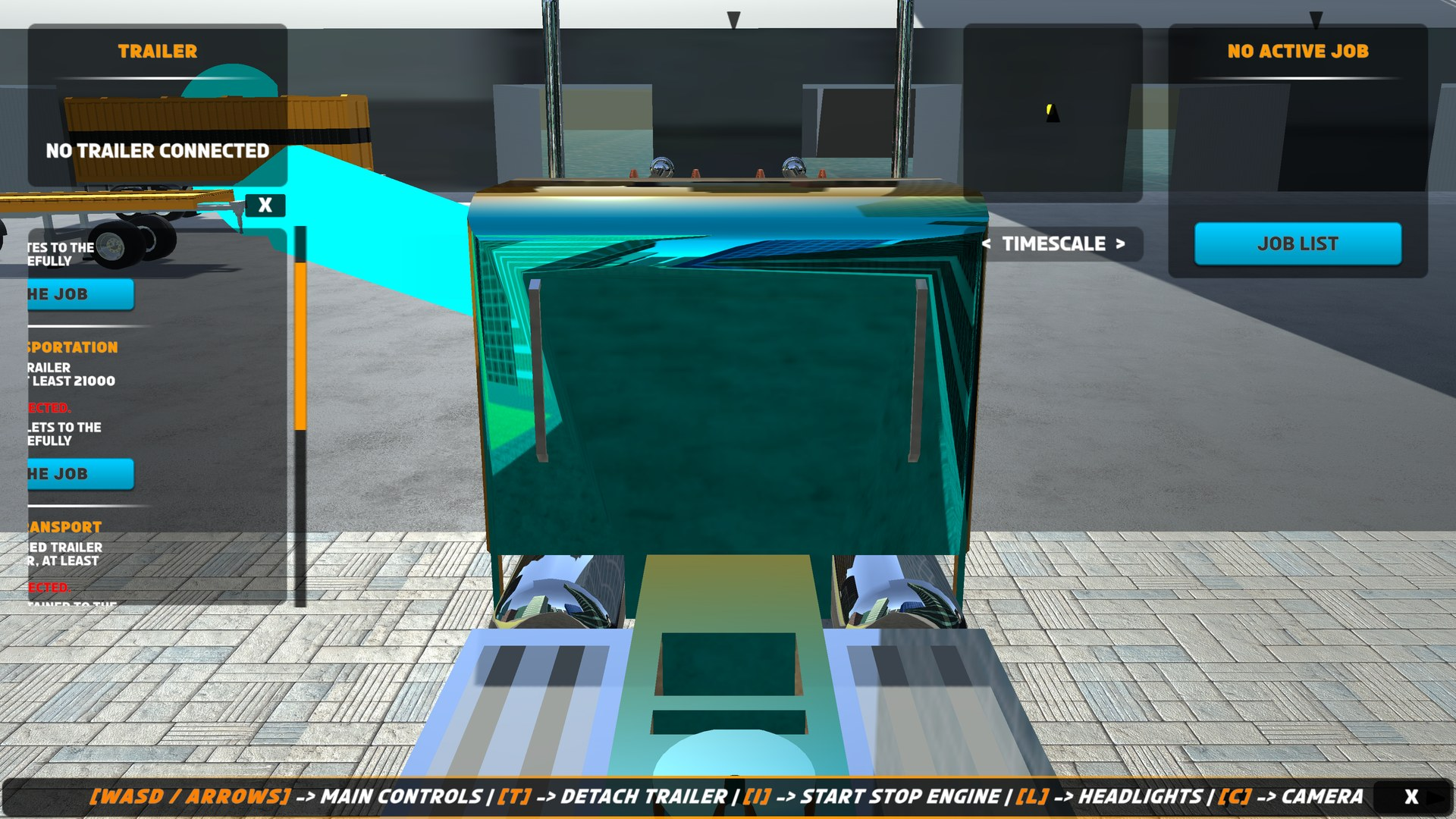 The cyan guide ribbon leading the player across the city to a Box trailer, with the trailer's name tag visible above it.