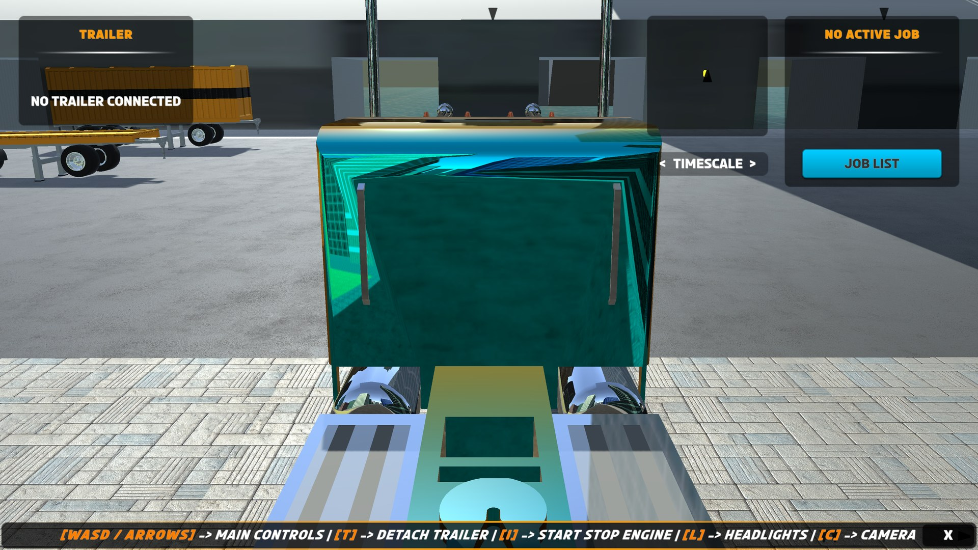 The full play-mode HUD, including the dashboard gauge, minimap, job panels, and keyboard controls bar.