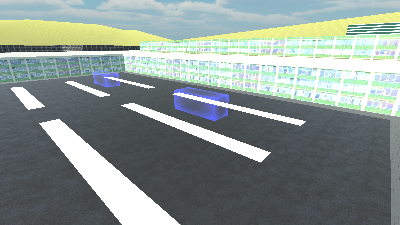 Blue load station trigger volumes at the depot in the city demo, seen from the Game view.
