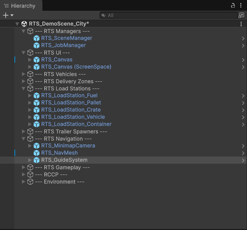 The Hierarchy window of the demo city scene showing all objects neatly grouped under dashed separator folders such as RTS Managers, RTS UI, and RTS Delivery Zones.