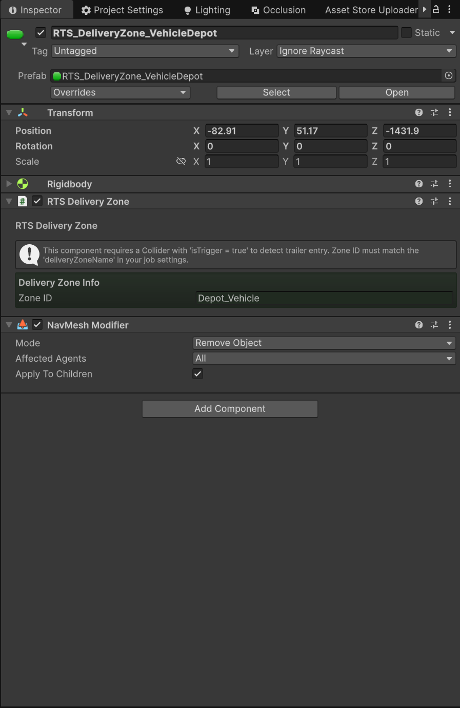 The VehicleDepot delivery zone in the Inspector with its Zone ID field set to Depot_Vehicle, exactly matching the job asset.