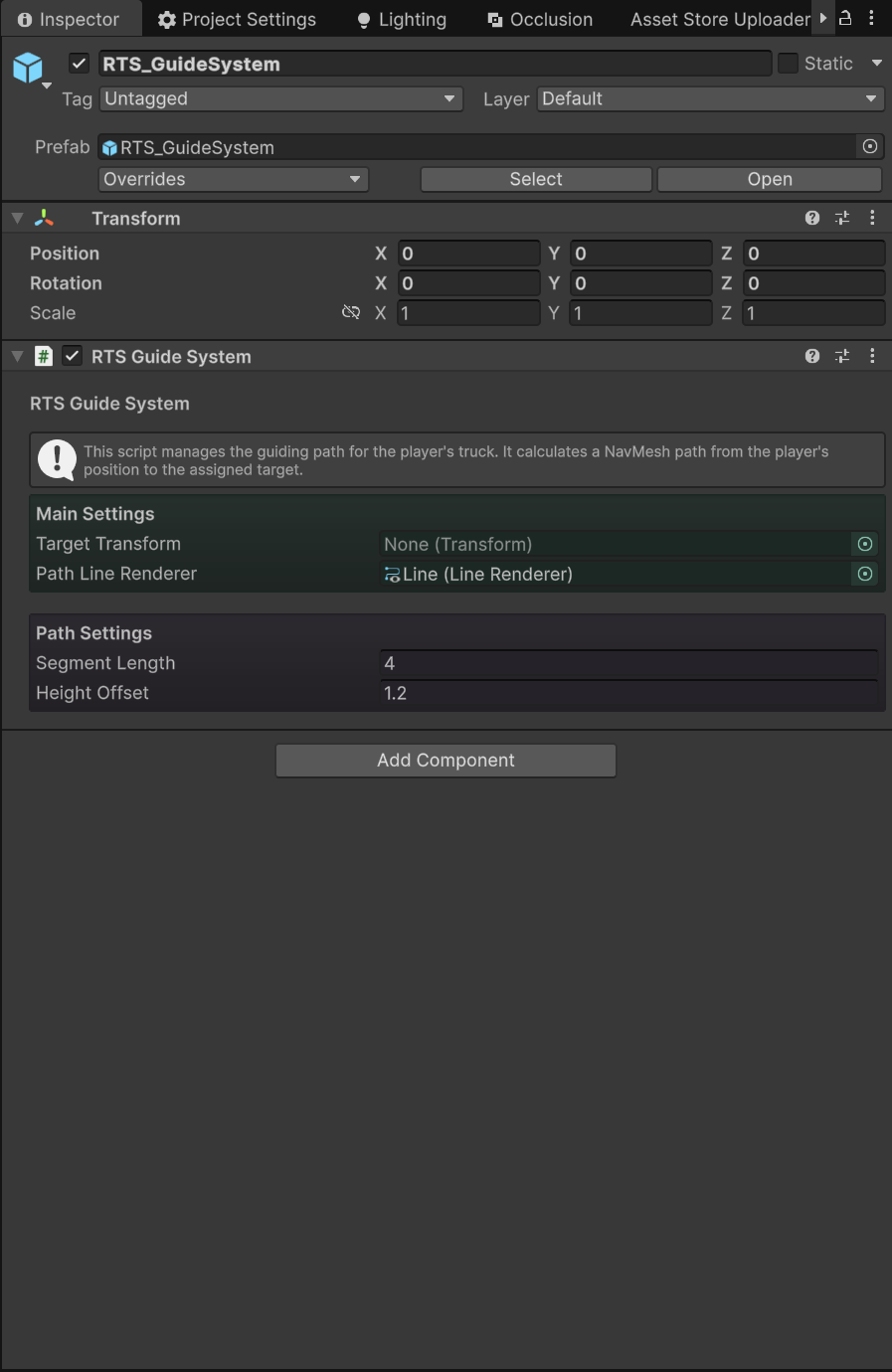 The RTS Guide System inspector with the target, path line renderer, segment length, and height offset fields.