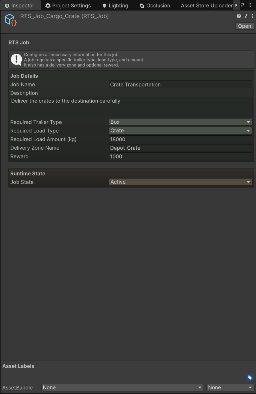 A job asset open in its custom Inspector showing the job name, description, trailer and load requirements, delivery zone name, and reward.