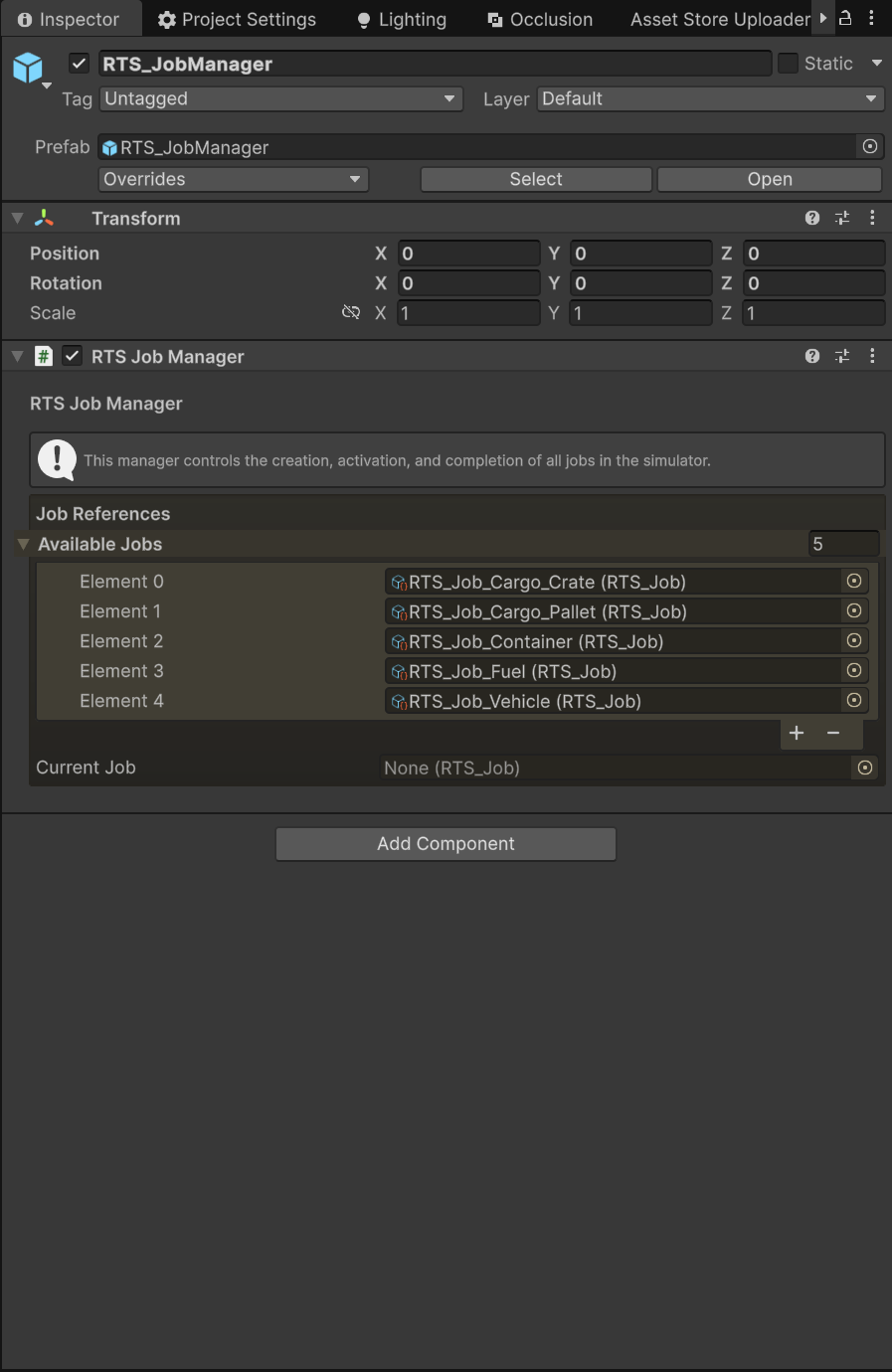 The RTS_JobManager Inspector in the city demo with the five shipped job assets assigned.