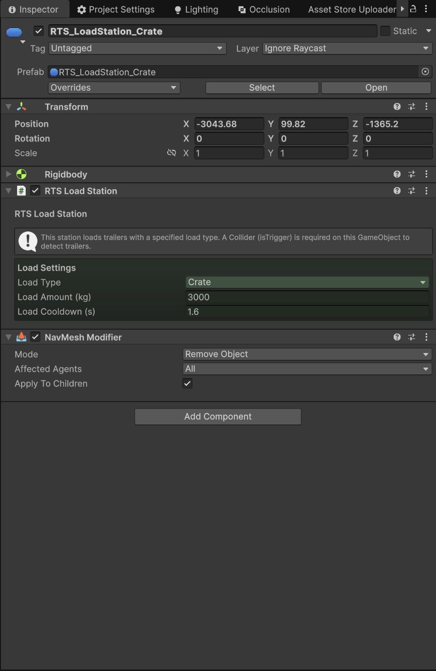 The RTS_LoadStation component of the Crate load station in the Inspector, showing the Load Type, Load Amount, and Load Cooldown fields.