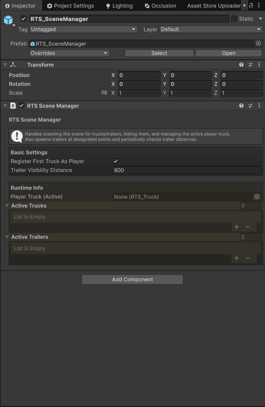 The RTS_SceneManager component in the Inspector showing the player truck reference, runtime lists, and its two tunable fields.