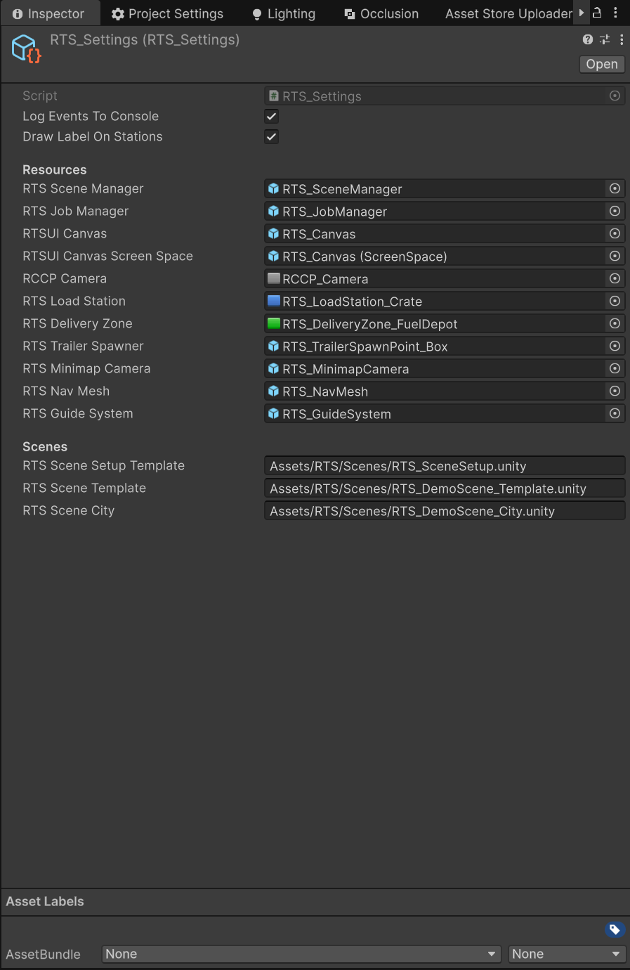 The RTS_Settings asset shown in the Inspector with its debug flags, Resources prefab references, and Scenes path strings.