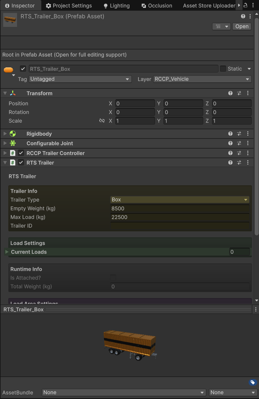 The RTS_Trailer component on the shipped Box trailer prefab, showing trailer info, load settings, and the load grid values.