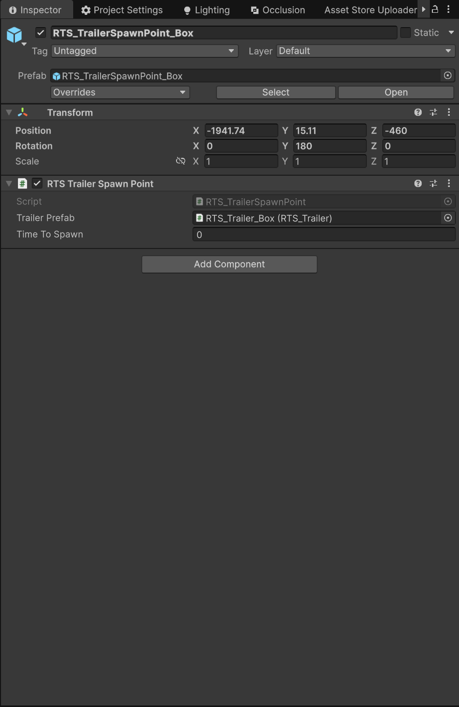 The RTS_TrailerSpawnPoint component on the Box spawn point, showing the trailer prefab slot and spawn delay.
