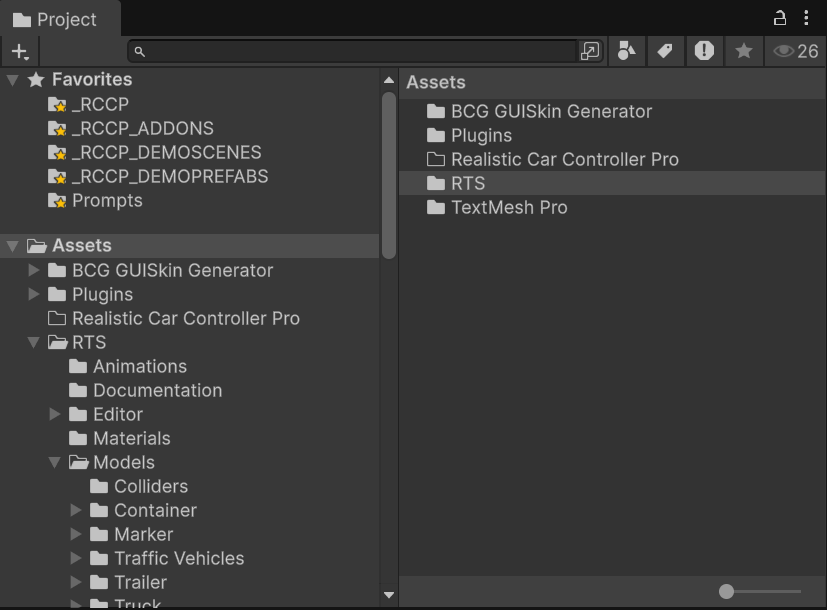 The Unity Project window showing the imported Assets/RTS folder with its subfolders.