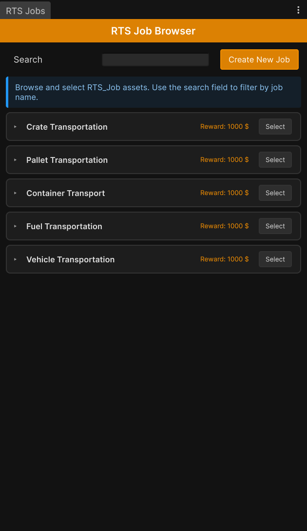 The RTS Jobs browser window listing the shipped job assets with search, Create New Job button, and expandable detail cards.