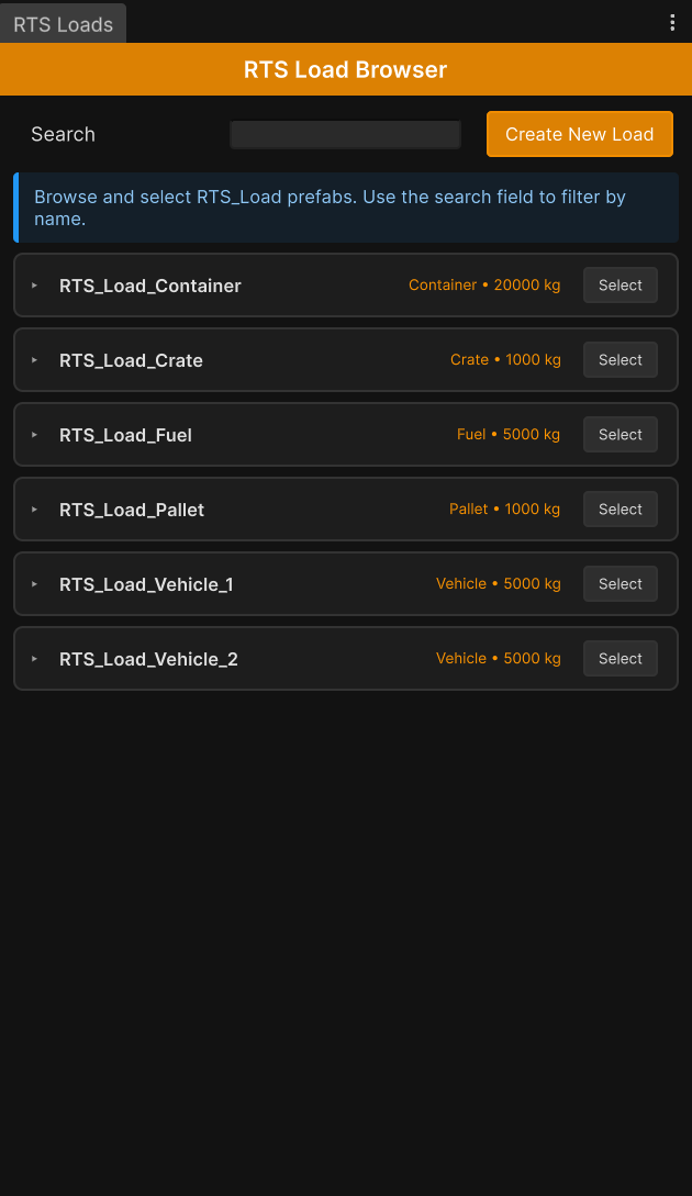 The RTS Loads browser window listing the shipped load prefabs with their load types and weights.