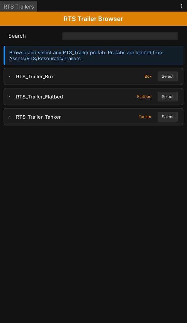 The RTS Trailer Browser window listing the shipped Box, Flatbed, and Tanker trailer prefabs with their types.