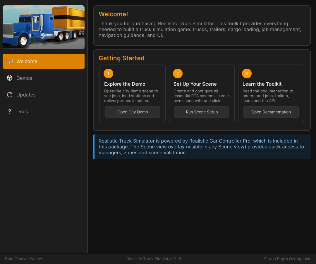 The Realistic Truck Simulator Welcome Window showing the Welcome tab with its three getting-started step cards.
