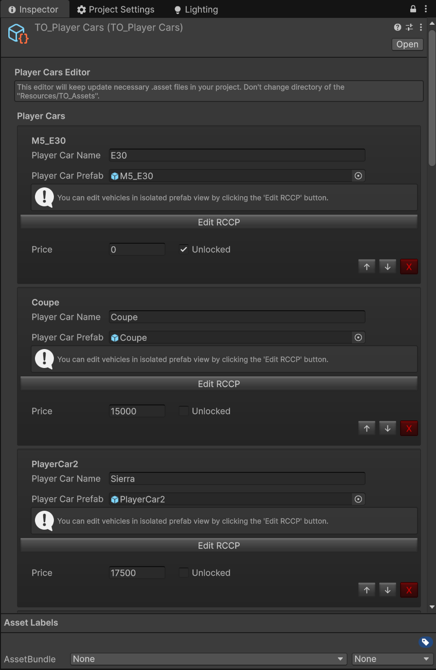 Configure Player Cars editor showing the roster, per-car prefab assignment, price/unlocked fields, and the Create Player Car button