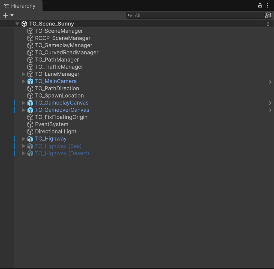 Gameplay scene hierarchy in TO_Scene_Sunny
