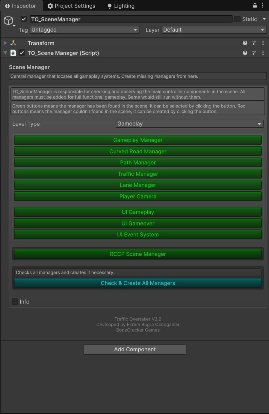 TO_SceneManager inspector showing the Level Type dropdown and green/red manager status buttons