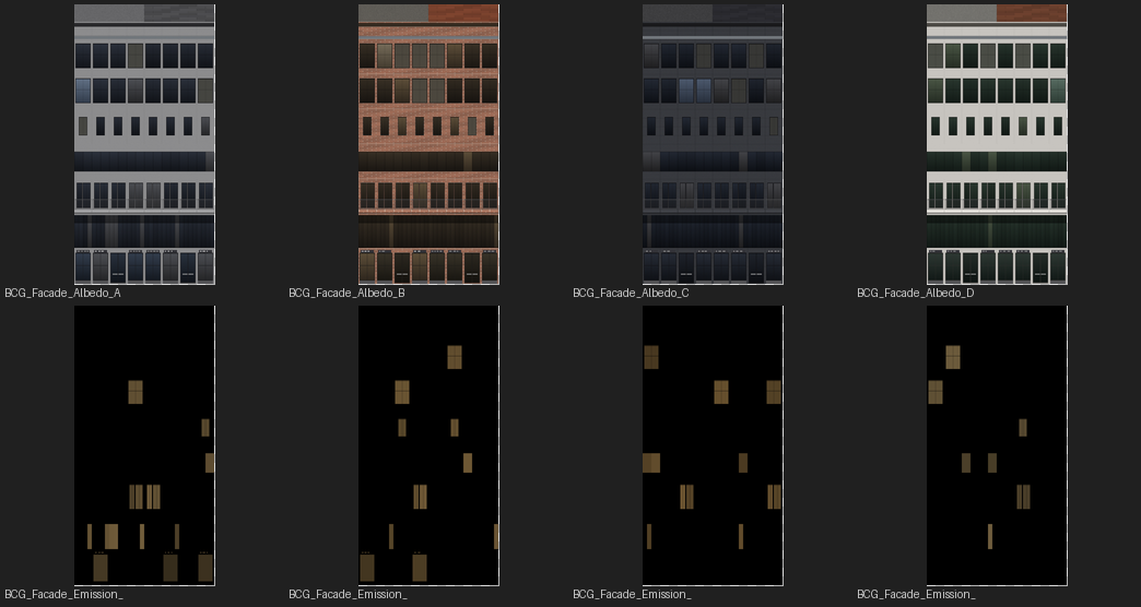 The four shipped atlases — top row: albedo palettes A–D (Light Gray / Brick / Graphite Curtain / White Plaster); bottom row: the matching emission maps A–D (dark, with lit window cells).