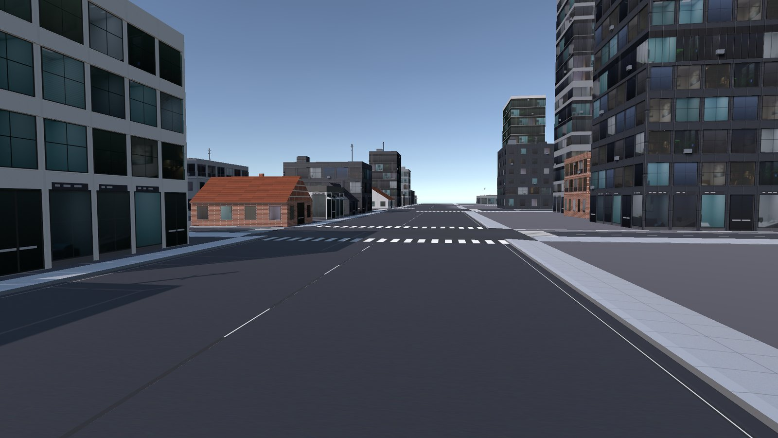 A generated city at street level: towers, apartments, shops and a house lining a drivable avenue with sidewalks, crosswalks and lane markings.