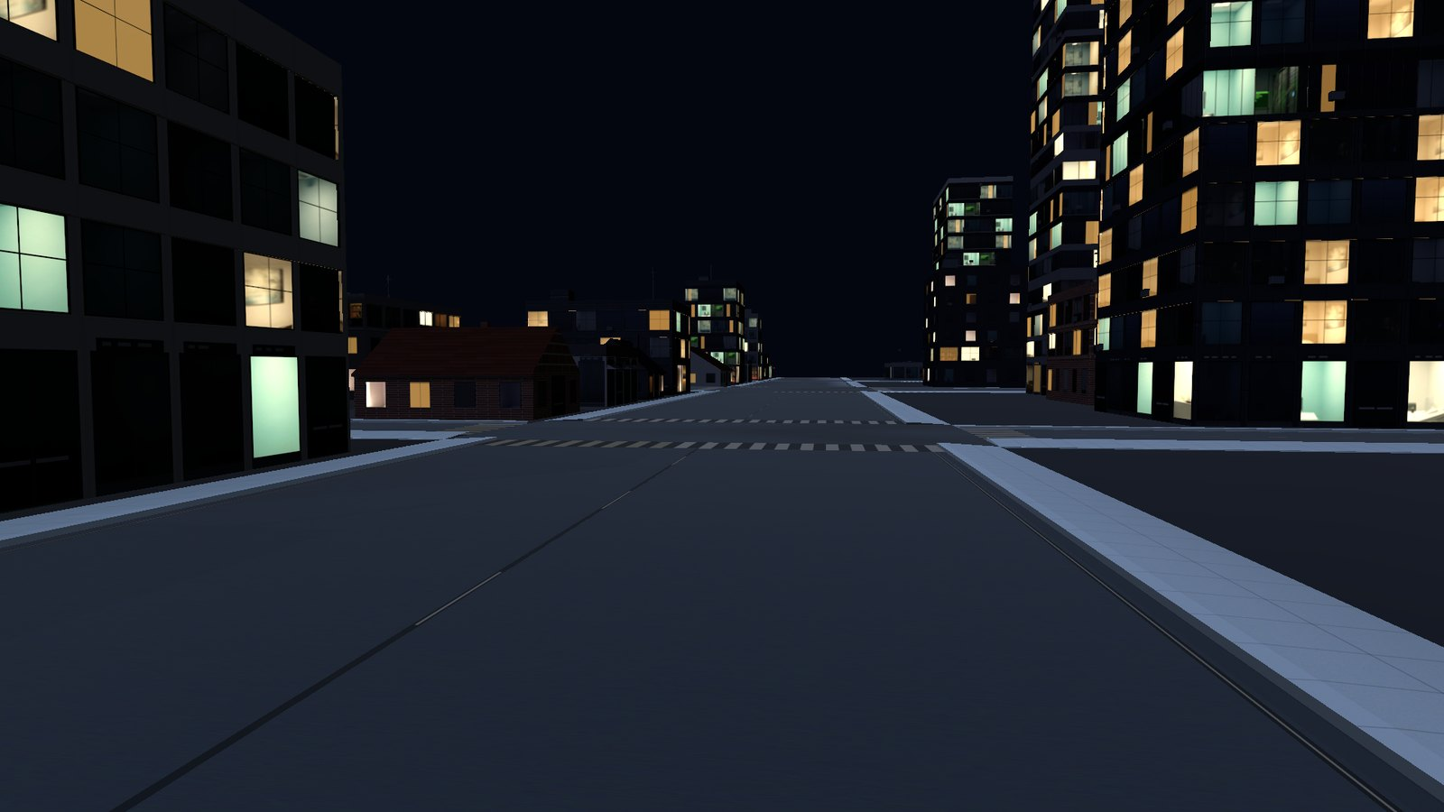 The same avenue at night: window grids glowing warm and cool, rooms visible behind the glass, with the road markings still readable.