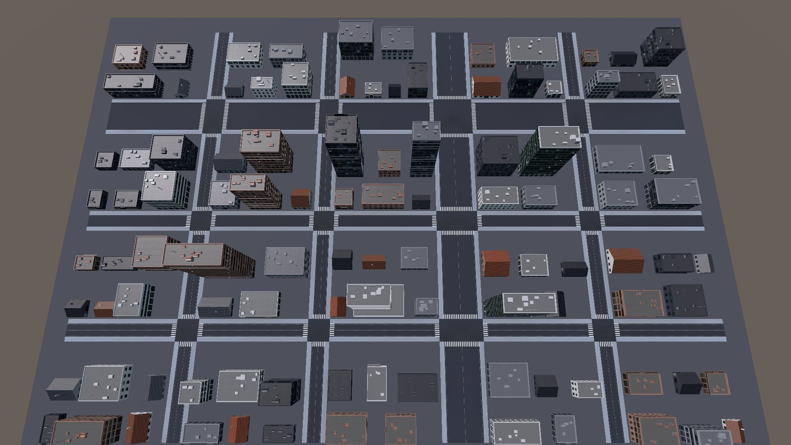 A generated city seen from above: a grid of blocks separated by streets, with every third street widened into an avenue, crossings at every junction, and a mix of towers, apartments, shops and houses.