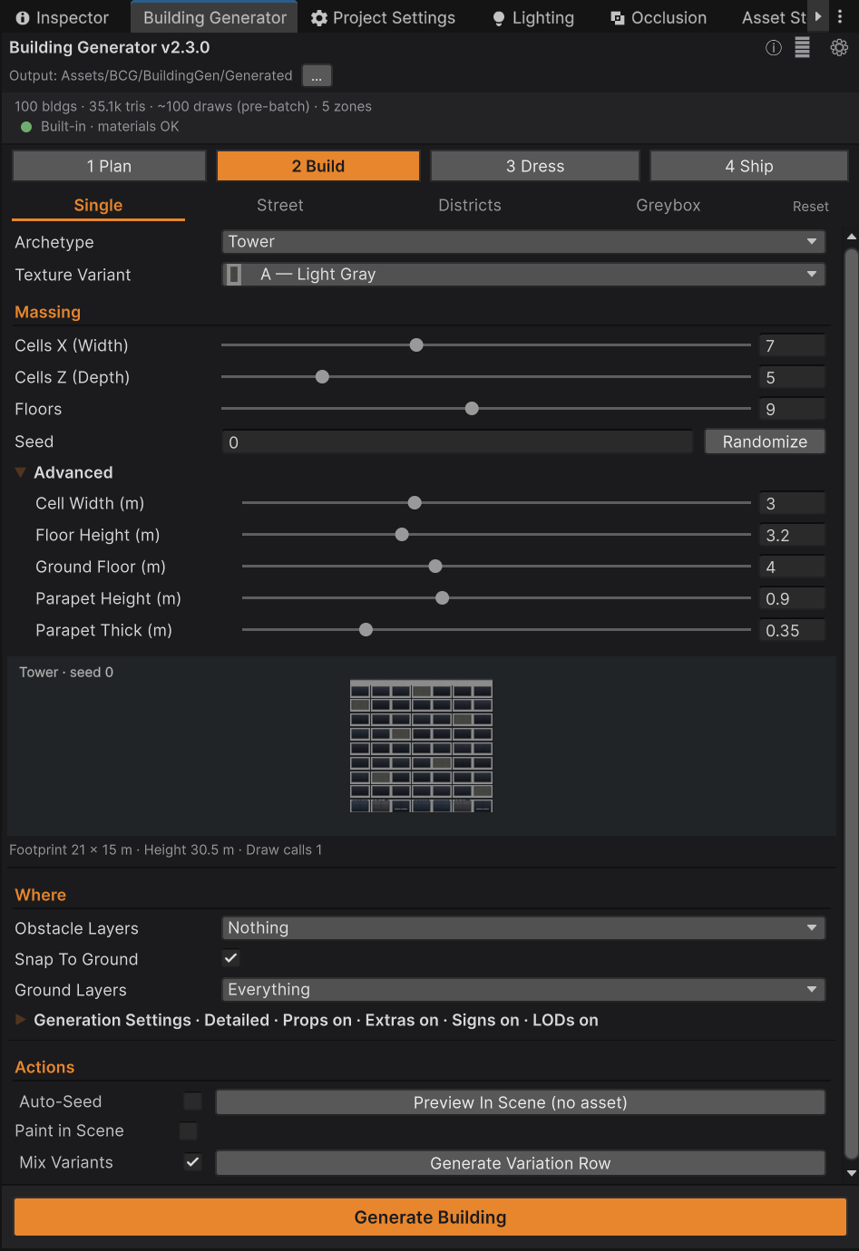 The Build ▸ Single pane, showing archetype and palette pickers, the massing sliders, an Advanced foldout, a live preview of the building, and the Generate Building button pinned to the bottom.